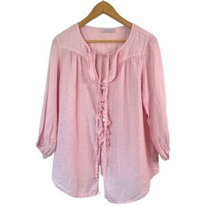 Cutloose Pink Ruffle Tie Neck Linen Balloon Sleeve Top Size Medium Made in USA